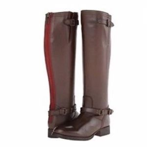 Steve Madden brown riding boots with red zipper